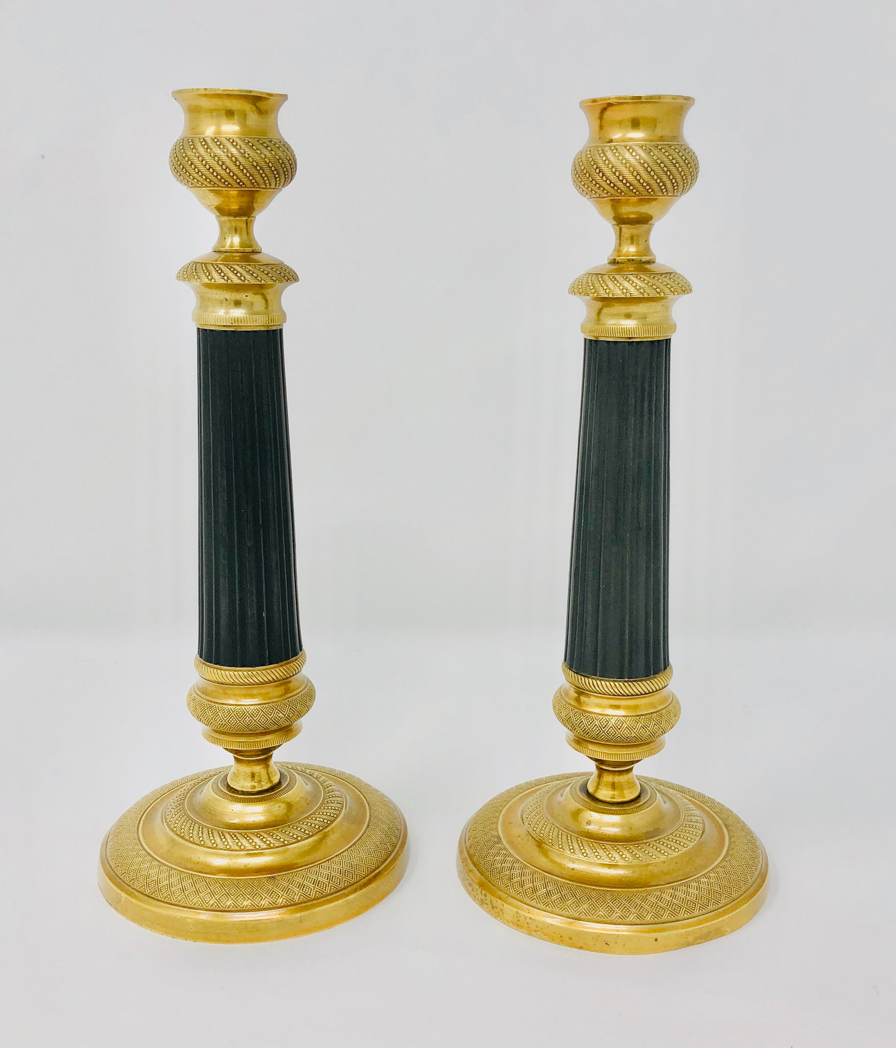 Brass & black Antique French Empire Brass Candlesticks